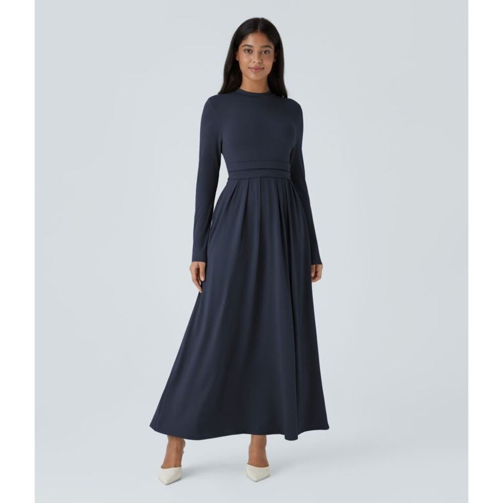 Halara Stand Collar Long Sleeve‎ Side Pocket Flare Maxi Casual Dress XL NWT